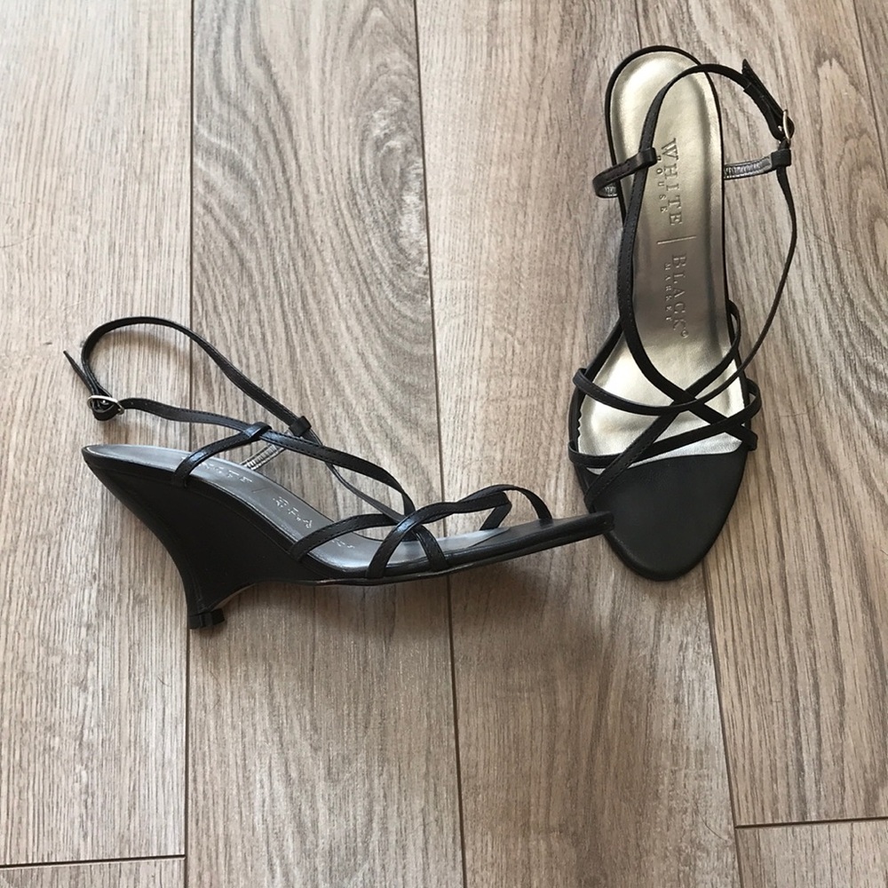 WhiteHouse BlackMarket strappy black wedge sandals